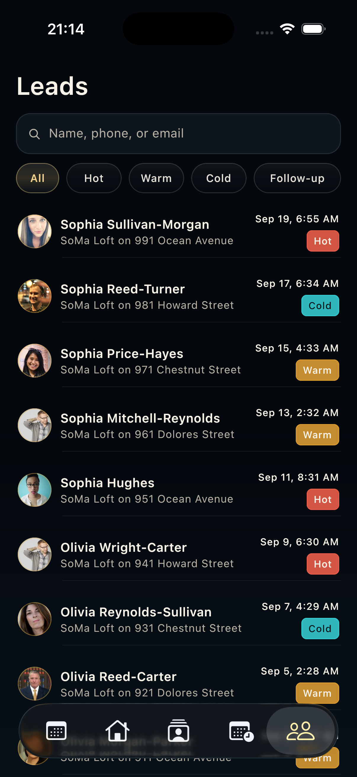HAVN mobile Leads screen for real estate lead capture.
