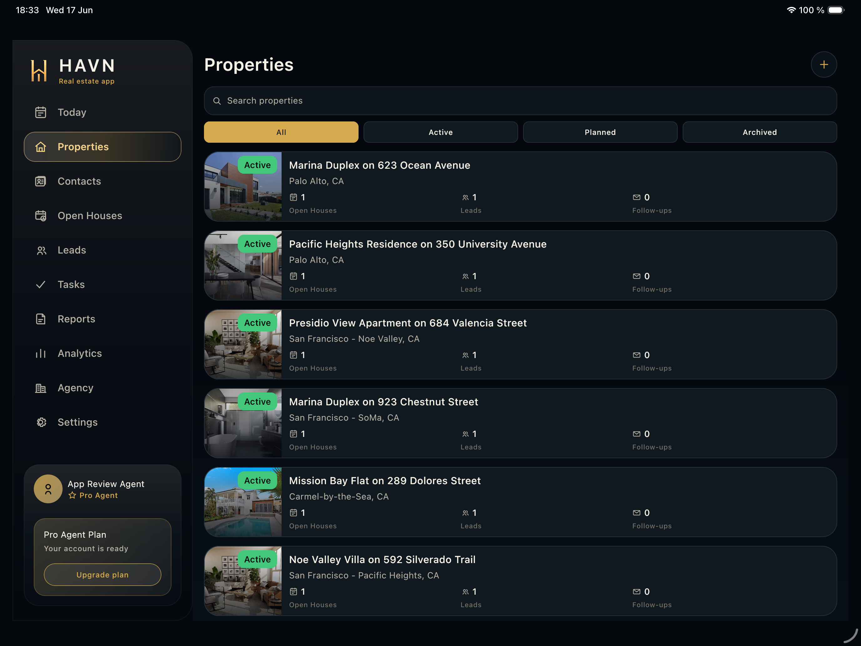 HAVN tablet Properties screen for real estate CRM workspace.