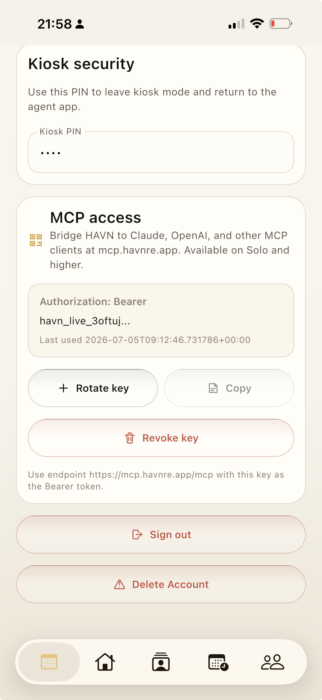 HAVN Settings showing MCP access controls